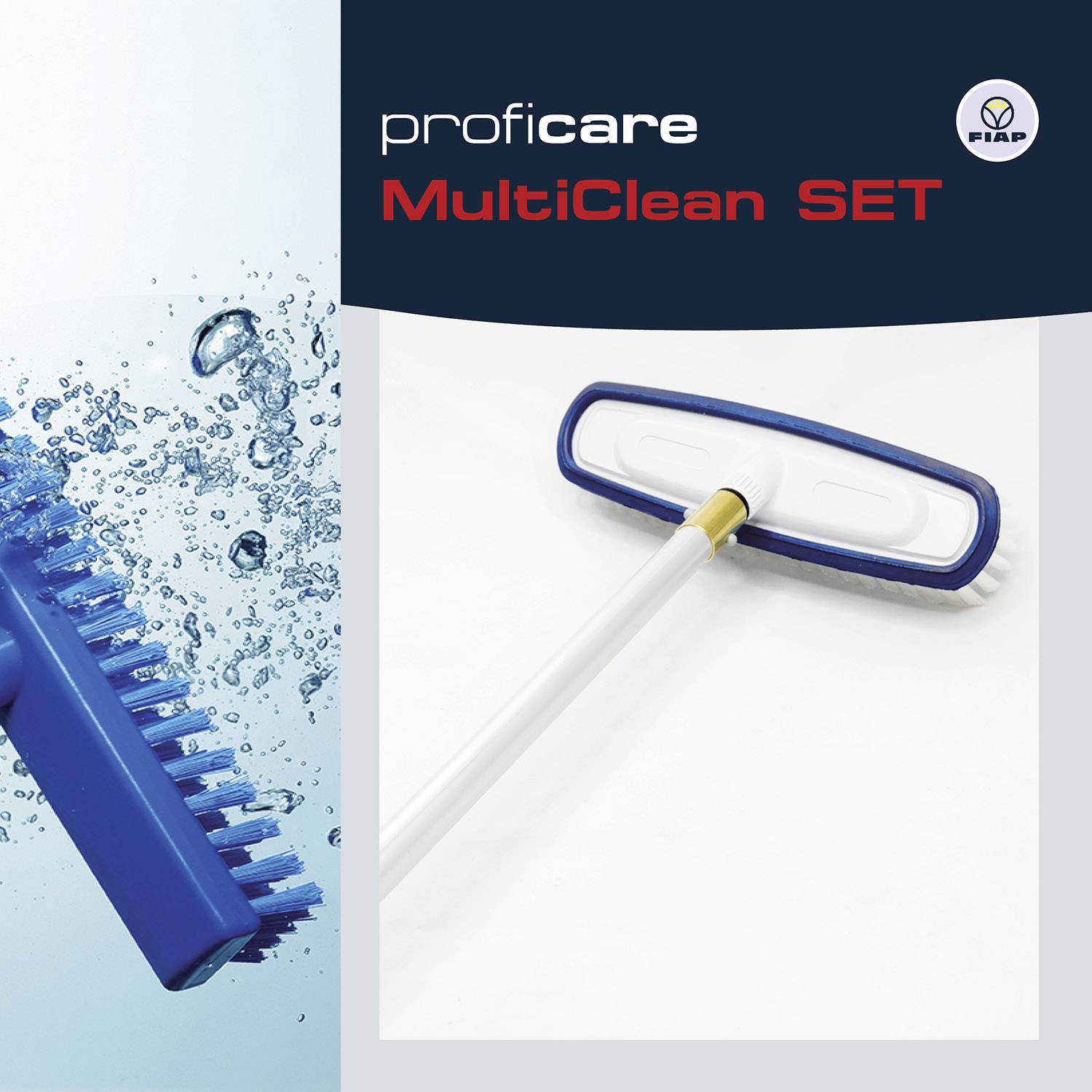 Zestaw do czyszczenia 'ProfiCare MultiClean SET' przedstawiony na ilustracji. Po lewej stronie szczotka z rozpryskującą wodą, po prawej niebieska myjka.