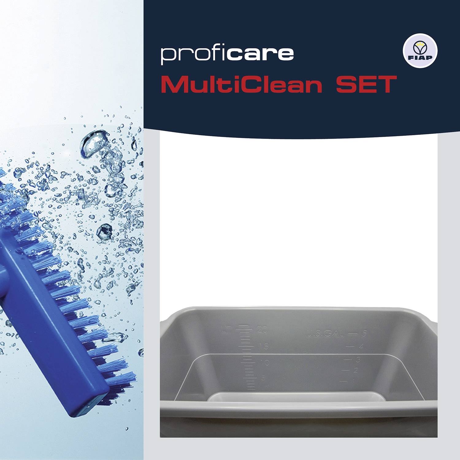 'ProfiCare MultiClean ZESTAW': Niebieski mop rozpryskuje wodę. Po lewej stronie mop, po prawej szary pojemnik. Logo reklamowe Félixa w prawym górnym rogu.