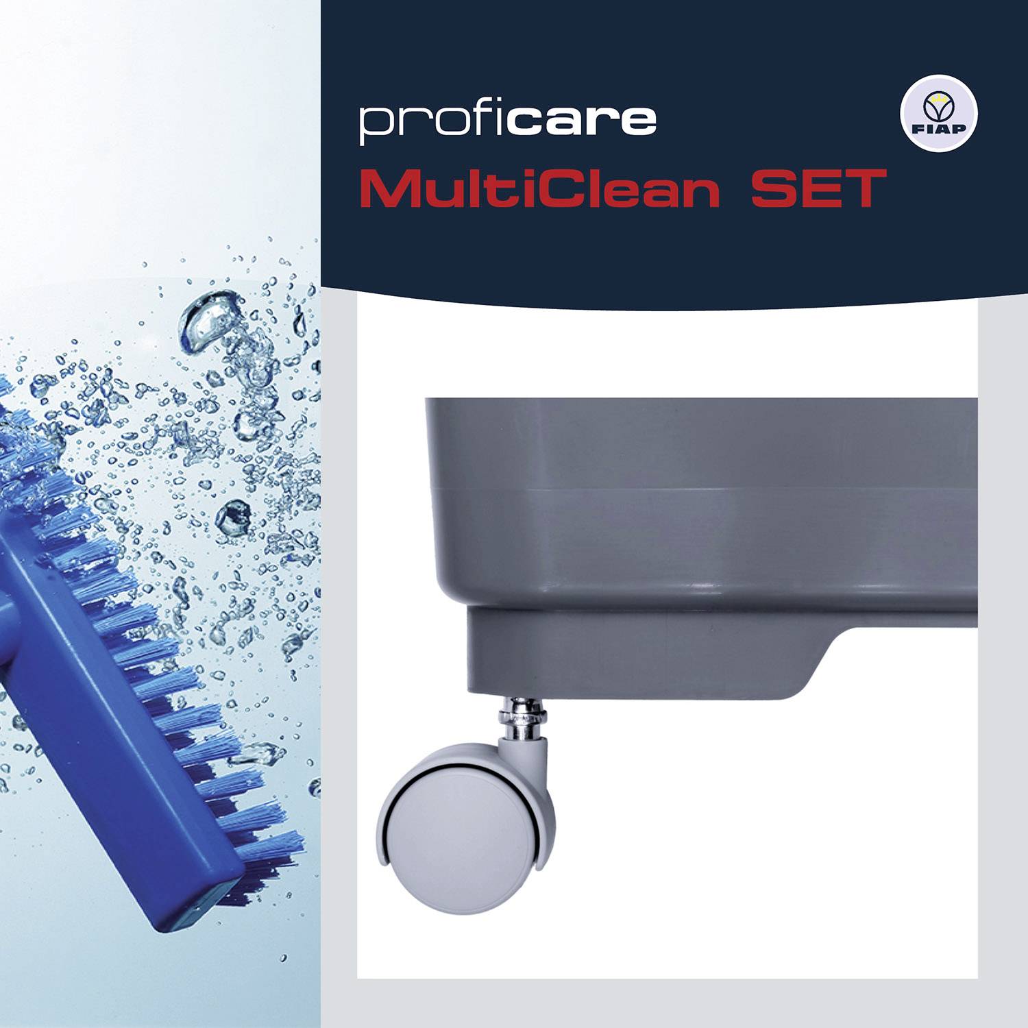 Obraz zestawu 'Proficare MultiClean'. Przedstawia niebieską szczotkę czyszczącą z wodą oraz szare kółko meblowe na jasnym tle.