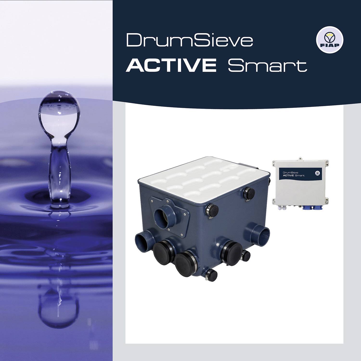 DrumSieve ACTIVE Smart firmy FIAP: System filtracyjny z wieloma przyłączami, prezentowany na kolaży z obrazem kropli wody.