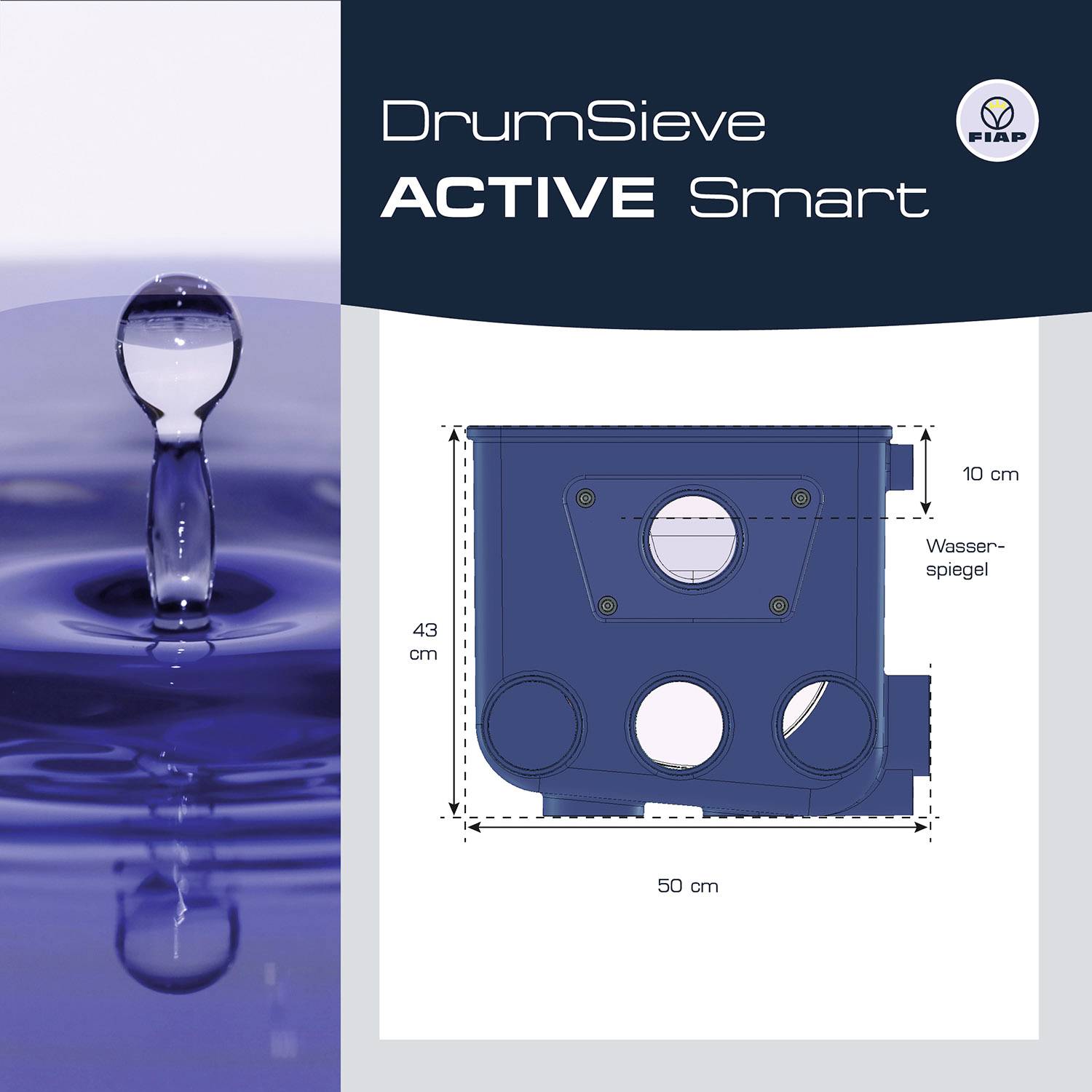 'DrumSieve ACTIVE Smart'. Prezentacja strumienia wody po lewej stronie oraz rysunek techniczny filtra po prawej stronie z wymiarami.