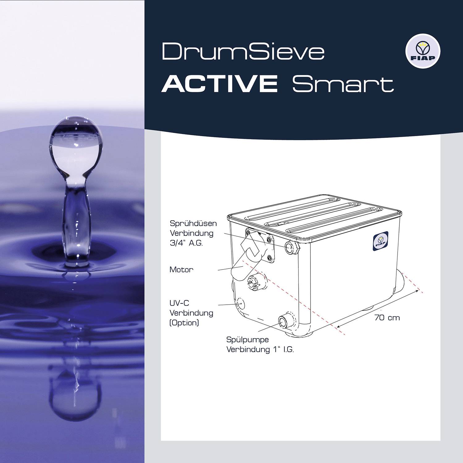 Kropla wody na niebieskiej powierzchni. Po prawej: Rysunek techniczny filtra z wymiarami. Tekst: DrumSieve ACTIVE Smart, logo FIAP.