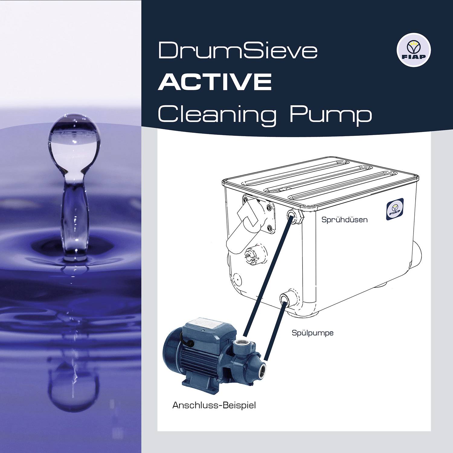 Broszura 'DrumSieve ACTIVE Cleaning Pump': Po lewej stronie woda, po prawej diagram z dyszami natryskowymi, pompą płuczącą i przykładem podłączenia pompy.