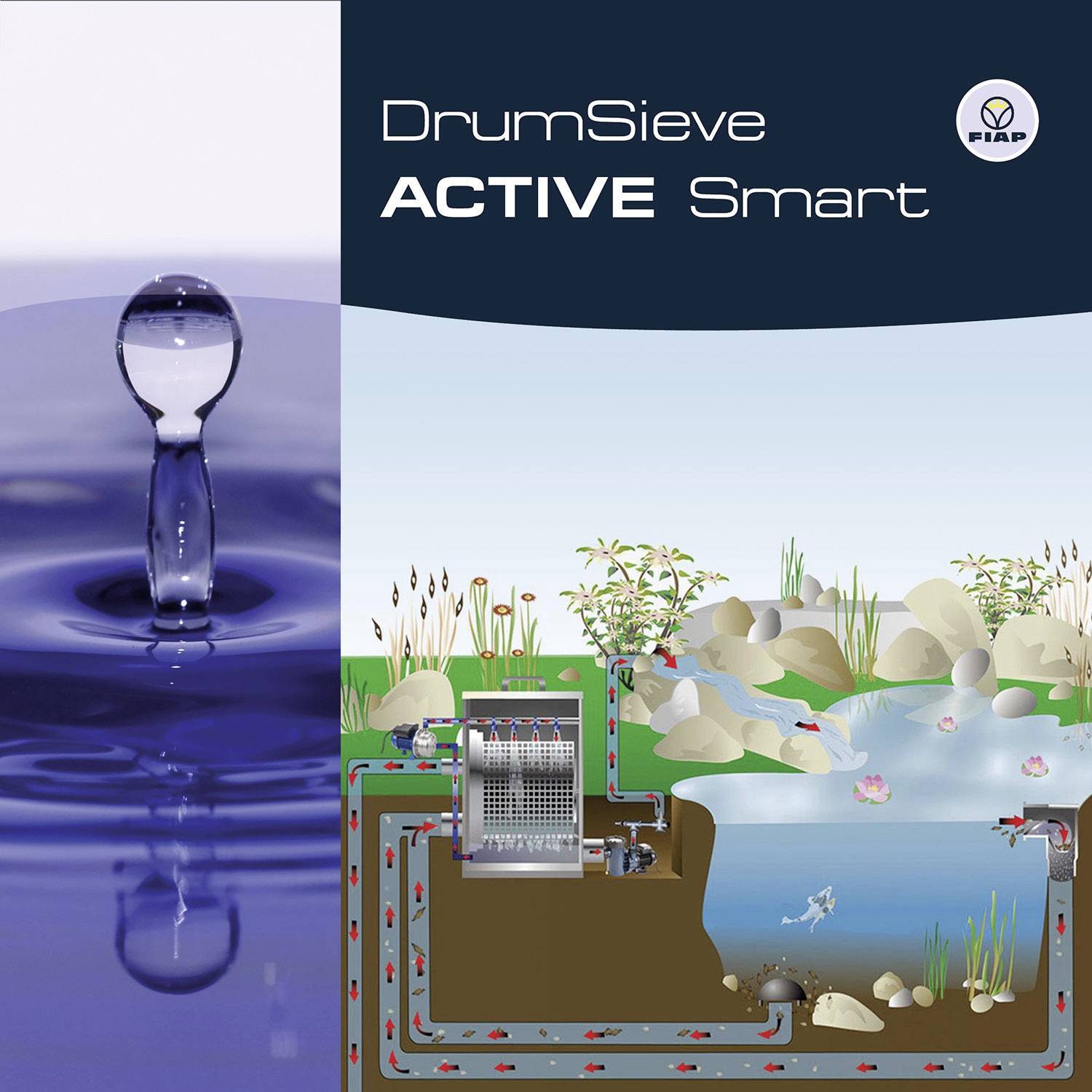 'DrumSieve ACTIVE Smart od Fiap' z diagramem technicznym do filtracji stawowej, przedstawiający krople wody, rośliny i ryby w stawie.