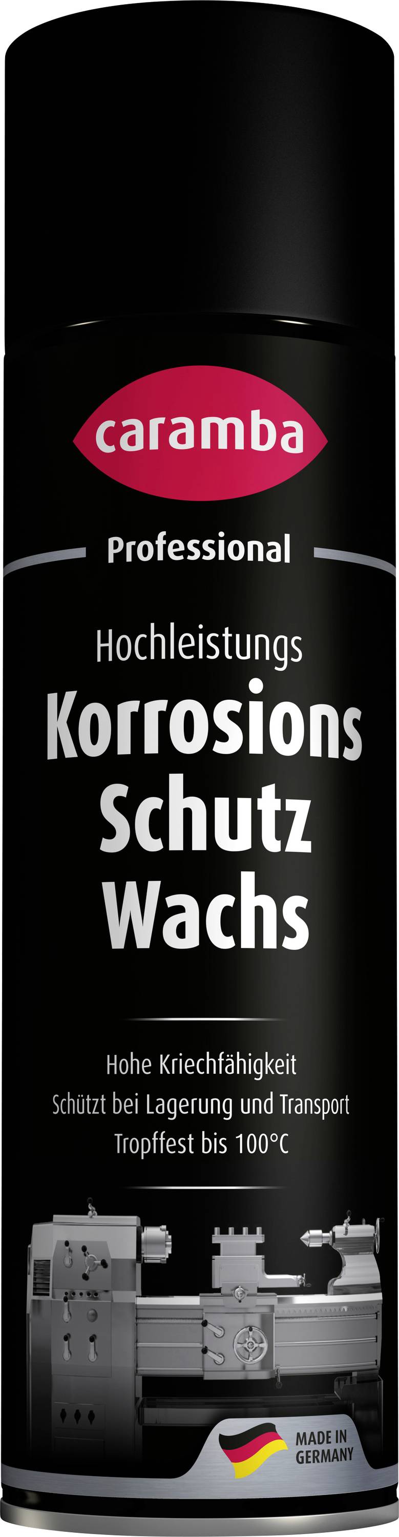 Profesjonalny pojemnik Black Caramba z etykietą Hochleistungs Korrosions Schutz Wachs, wysoko-pełzający wosk ochrony przed korozją, z grafiką maszyny i godłem Made in Germany.
