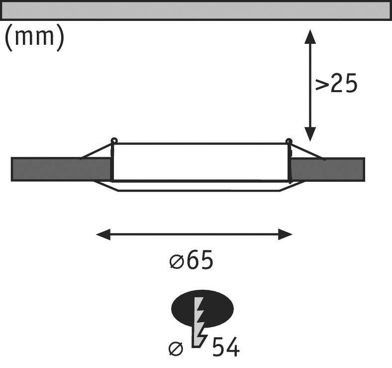 Diagram przedstawia widok z boku okrągłego obiektu o średnicy 65 mm z pustką o średnicy 54 mm. Odległość większa niż 25 mm.