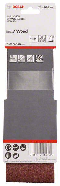 Pas szlifierski w opakowaniu kompatybilnym z markami: AEG, Bosch, Dewalt, Makita, Metabo. Wymiary: 75 x 533 mm. Idealny do obróbki drewna.