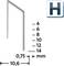 'Gwóźdź w kształcie litery U o różnych długościach (4-14 mm) o grubości 0,75 mm; szerokość: 10,6 mm. Symbol w prawym górnym rogu: H.'