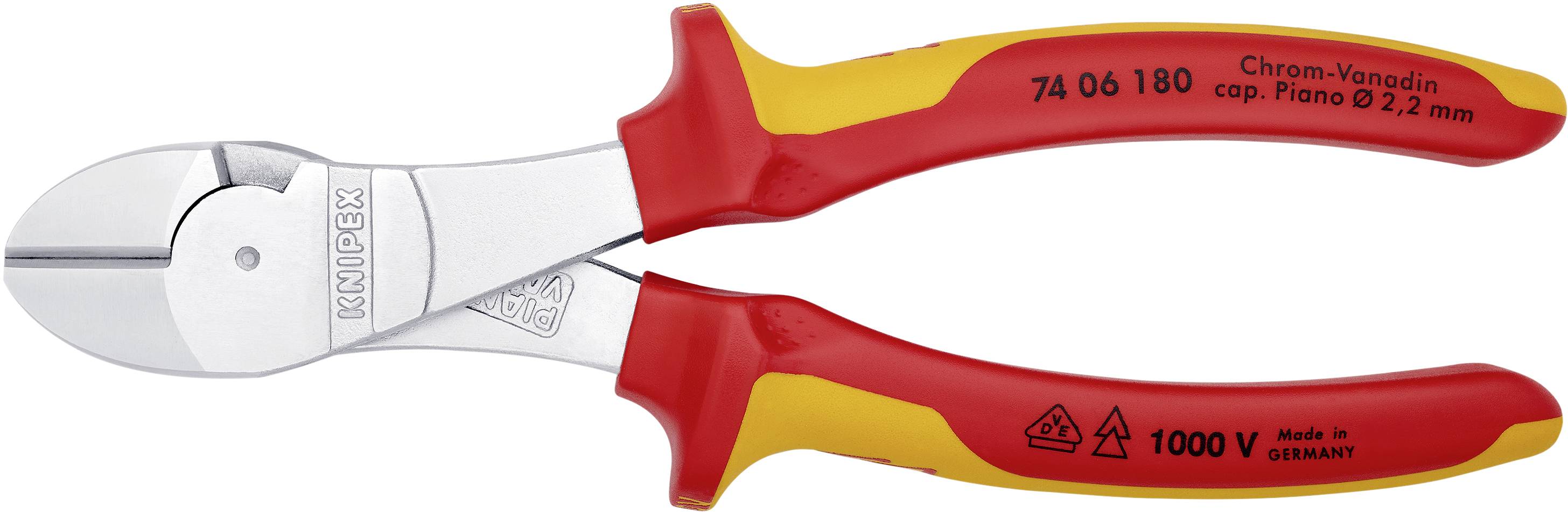 Бокогубці Knipex VDE-Kraft-Seitenschneider посилені 180 мм 1000 В 2K-Griffe Knipex 74 06 180, 180 мм, 64 HRC, VDE