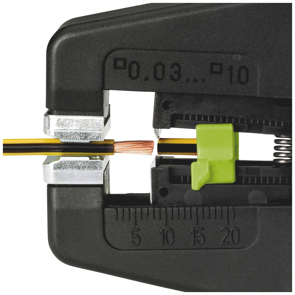 Narzędzie do ściągania izolacji usuwa izolację z wielożyłowego przewodu. Wskaźnik skali pokazuje dokładne wymiary.