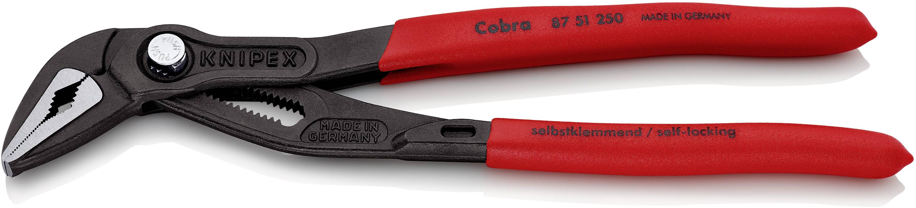 Szczypce do rur marki Knipex, model 'Cobra', wykonane w Niemczech, z regulowaną powierzchnią chwytną i ergonomiczną rękojeścią.
