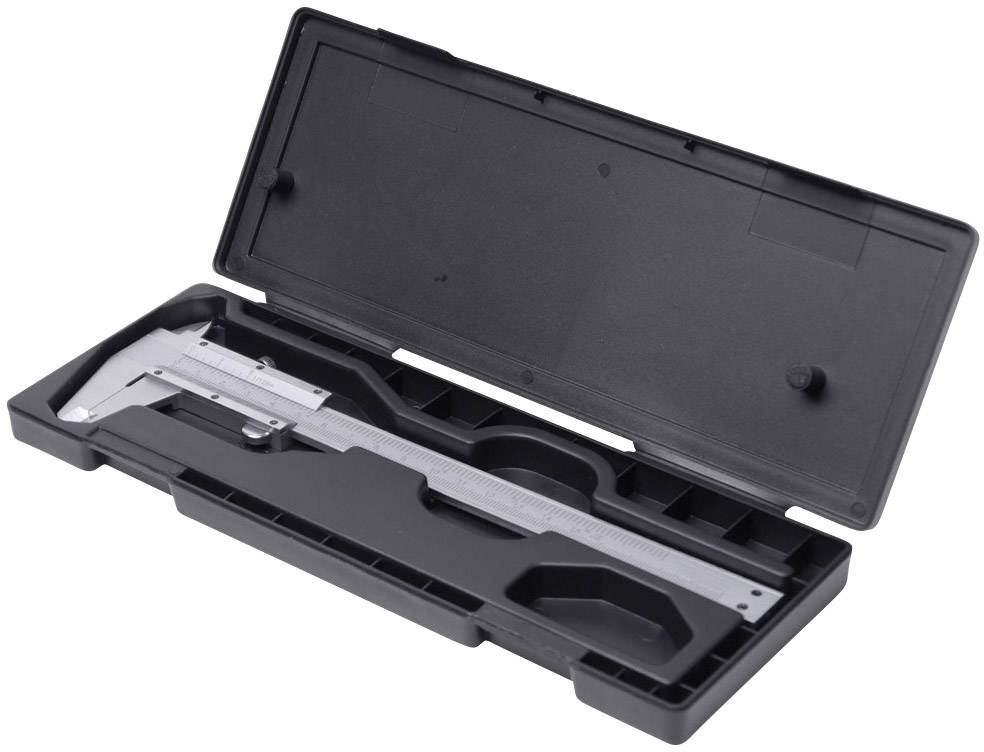 Cyfrowa suwmiarka w czarnym etui z tworzywa sztucznego, otwarta, prezentująca narzędzie w środku.