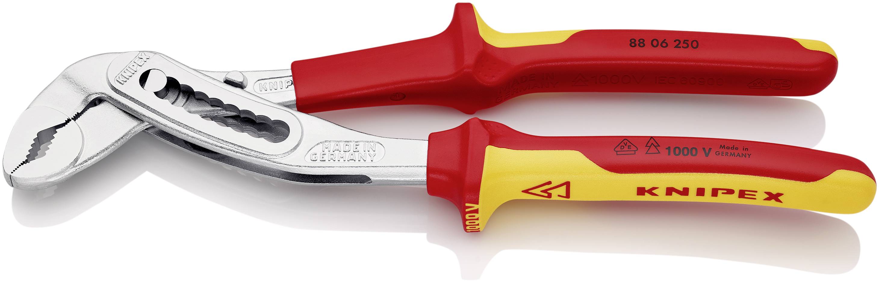 Szczypce z czerwonymi i żółtymi uchwytami, marki 'Knipex', odpowiednie dla napięć do 1000V, oznaczone odpowiednimi symbolami.