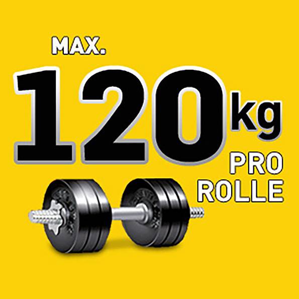 "Maks. 120 kg na rolkę" widnieje dużymi literami na żółtym tle. Obok tekstu znajduje się hantel.