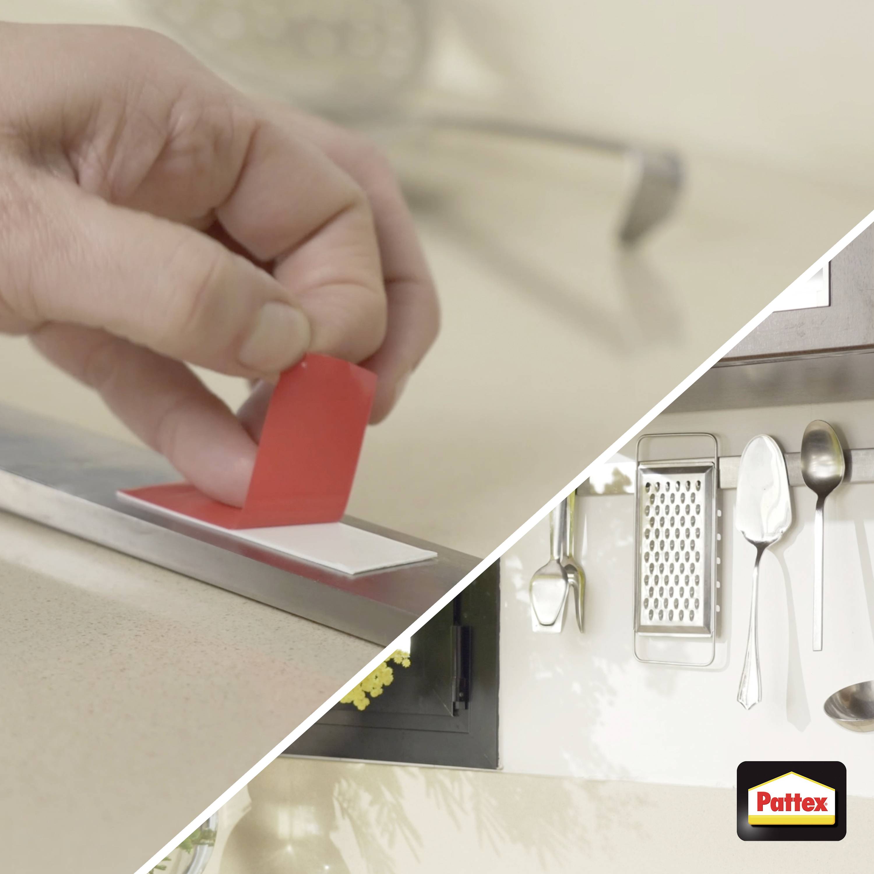 Ręka odrywa czerwoną warstwę ochronną z taśmy samoprzylepnej, przygotowując się do zamocowania półki kuchennej. Widoczne jest logo Pattex, co wskazuje na prezentację produktu.