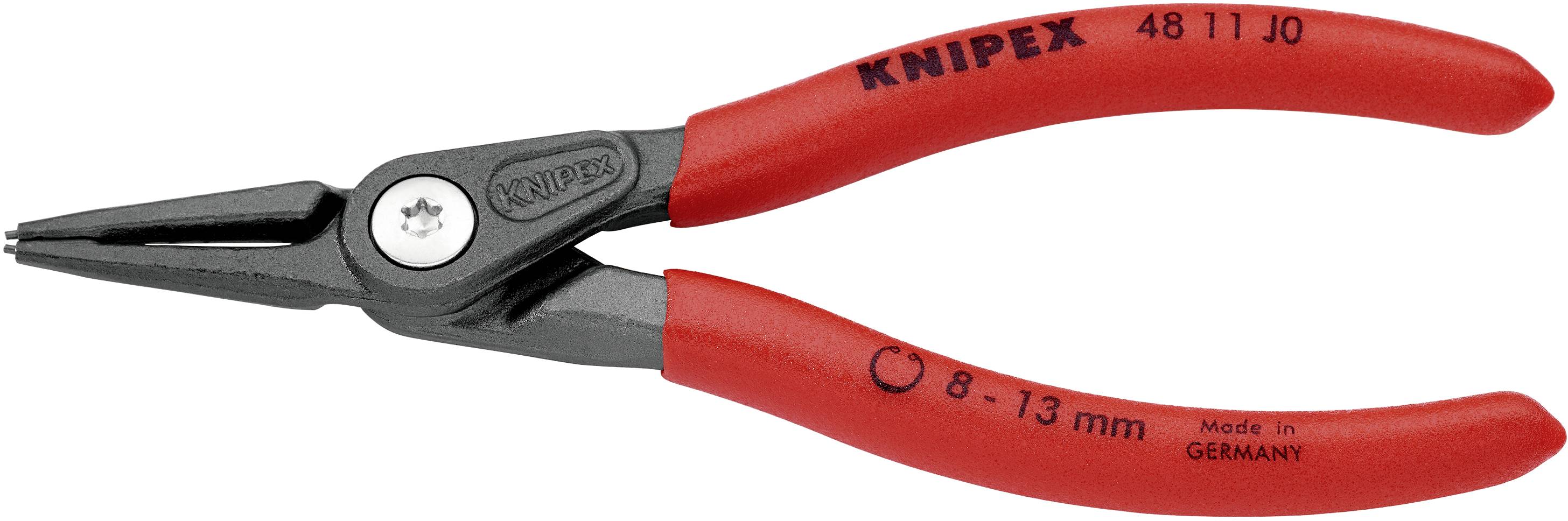 Czerwone szczypce Knipex, model 48 11 J0, wyprodukowane w Niemczech, odpowiednie dla rozmiarów 8-13 mm.