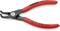 Szczypce do pierścieni osadczych Knipex w kolorze czerwonym. Numer modelu '48 21 J11'. Przeznaczone do pierścieni wewnętrznych o średnicy 12-25 mm. Wyprodukowane w Niemczech.