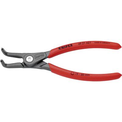 Czerwone szczypce do pierścieni zabezpieczających marki Knipex, odpowiednie dla wałów o średnicy od 19 do 60 mm, z zakrzywionymi końcówkami i czarną głowicą.