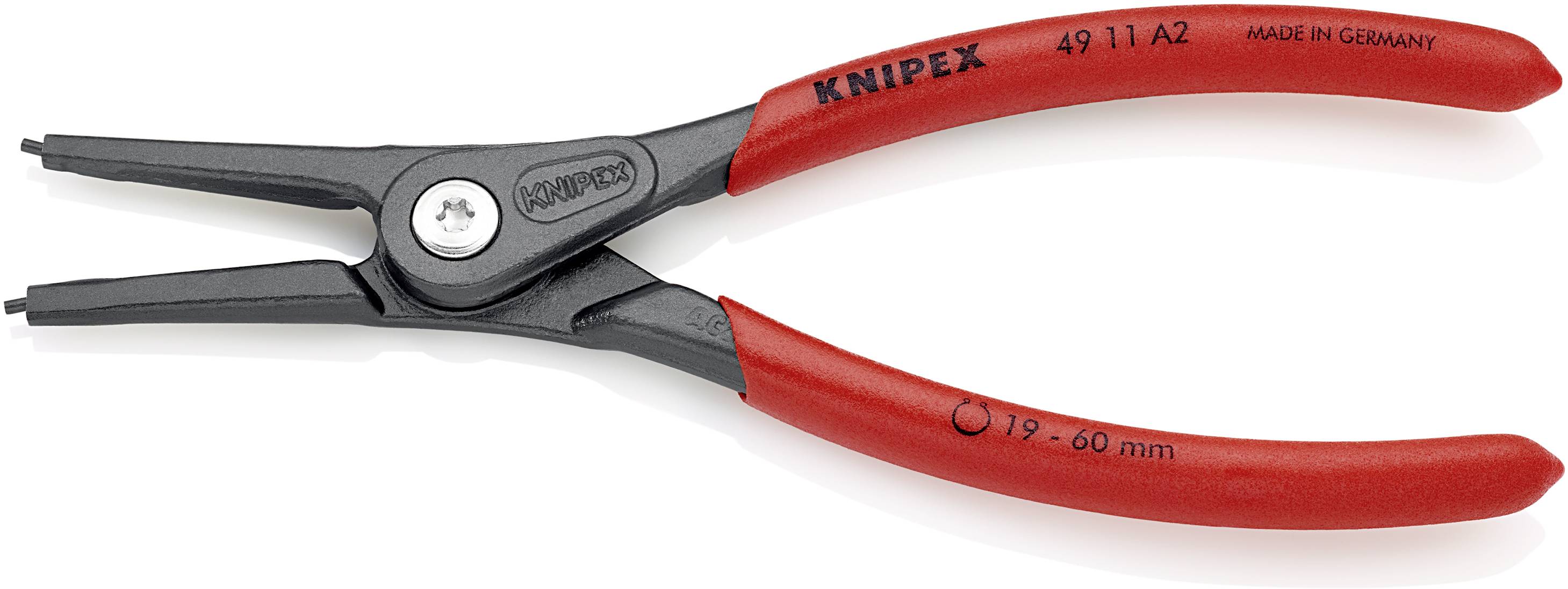 Szczypce do pierścieni segera marki Knipex w kolorze czerwonym, z czarnymi ramionami chwytającymi, na których widnieje napis '19-60 mm'. Szczypce są sfotografowane na białym tle.