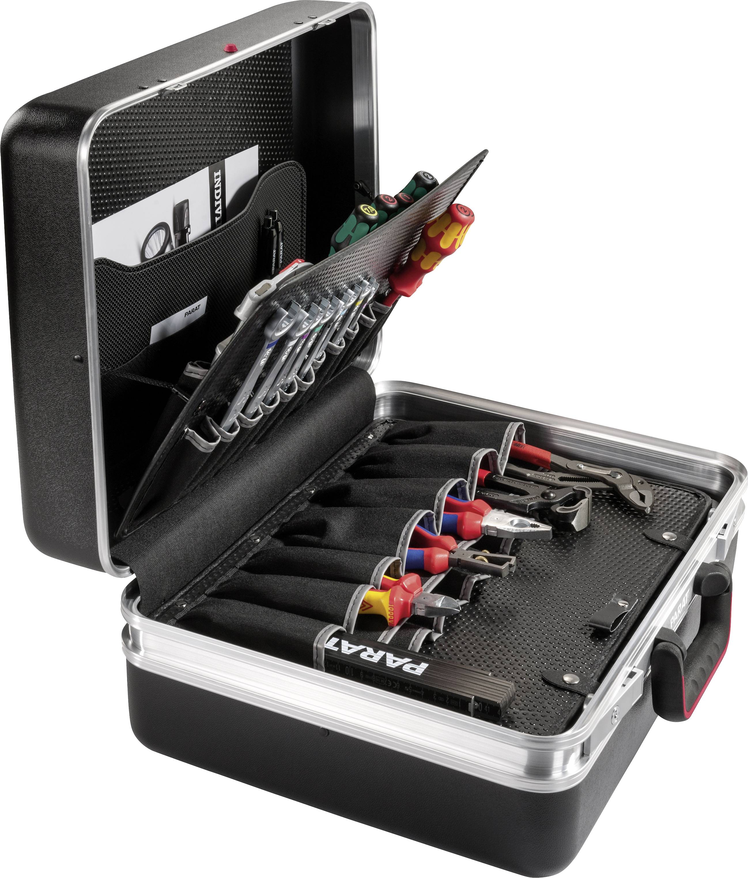 Czarny kufer na narzędzia z otwartymi przegródkami, wypełniony różnymi narzędziami ręcznymi, takimi jak śrubokręty, szczypce i młotek.