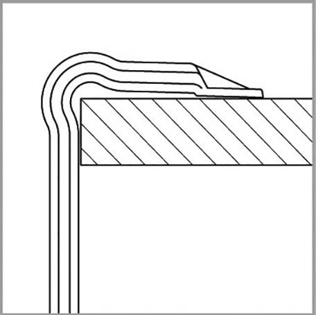 Przekrój złącza krawędziowego. Przedstawia kilka warstw blach ułożonych jedna nad drugą, połączonych poprzez zagięcie.