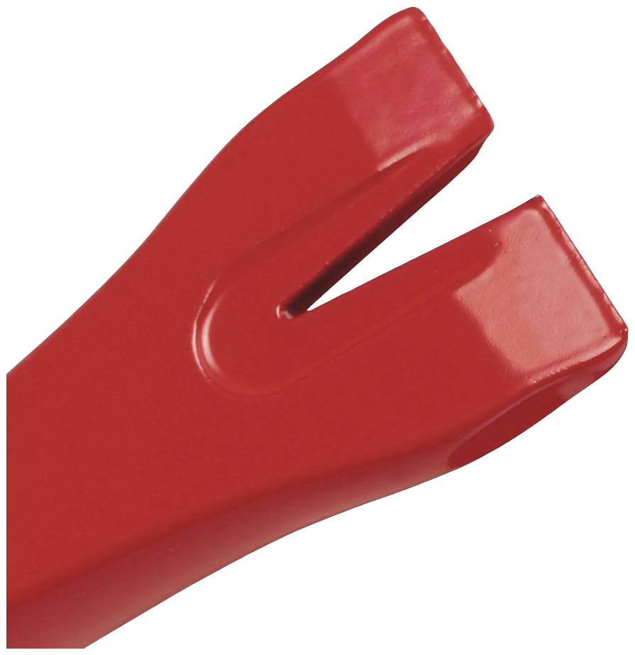 Czerwony łom z płaskim rozwidleniem i zagięta główką służy do wyciągania gwoździ lub wykonywania prac dźwigowych.