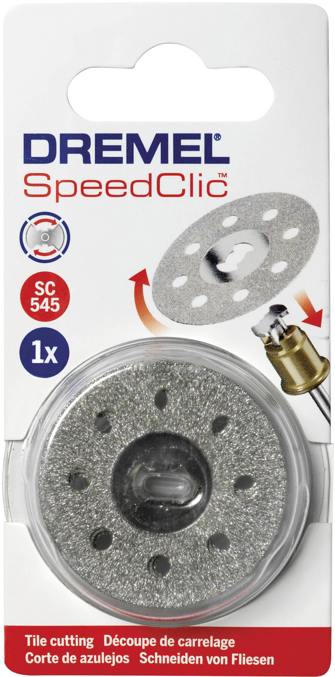 'Tarcza tnąca Dremel SpeedClic SC545 w opakowaniu, przedstawiająca okrągłą tarczę szlifierską do precyzyjnego cięcia płytek.'