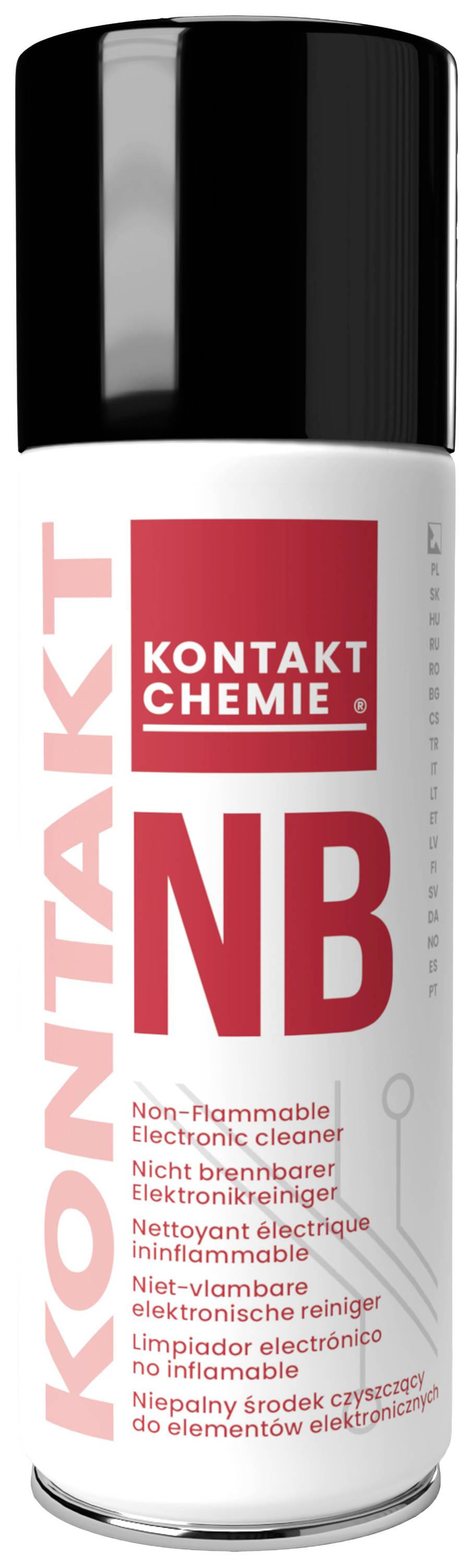 Puszka ze sprejem z etykietą 'Kontakt Chemie Kontakt NB'. Zawiera niepalny środek czyszczący do elektroniki.
