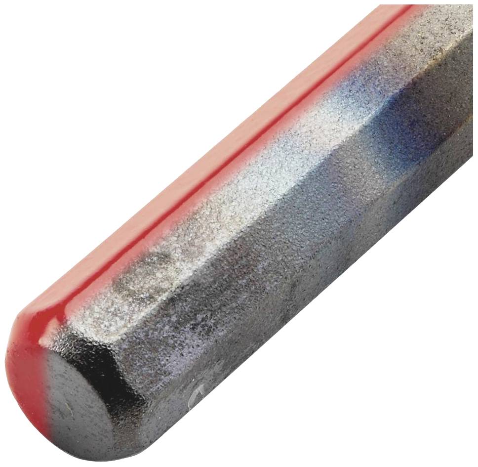 Zbliżenie metalowego pręta o sześciokątnym przekroju poprzecznym z czerwonym zakończeniem.