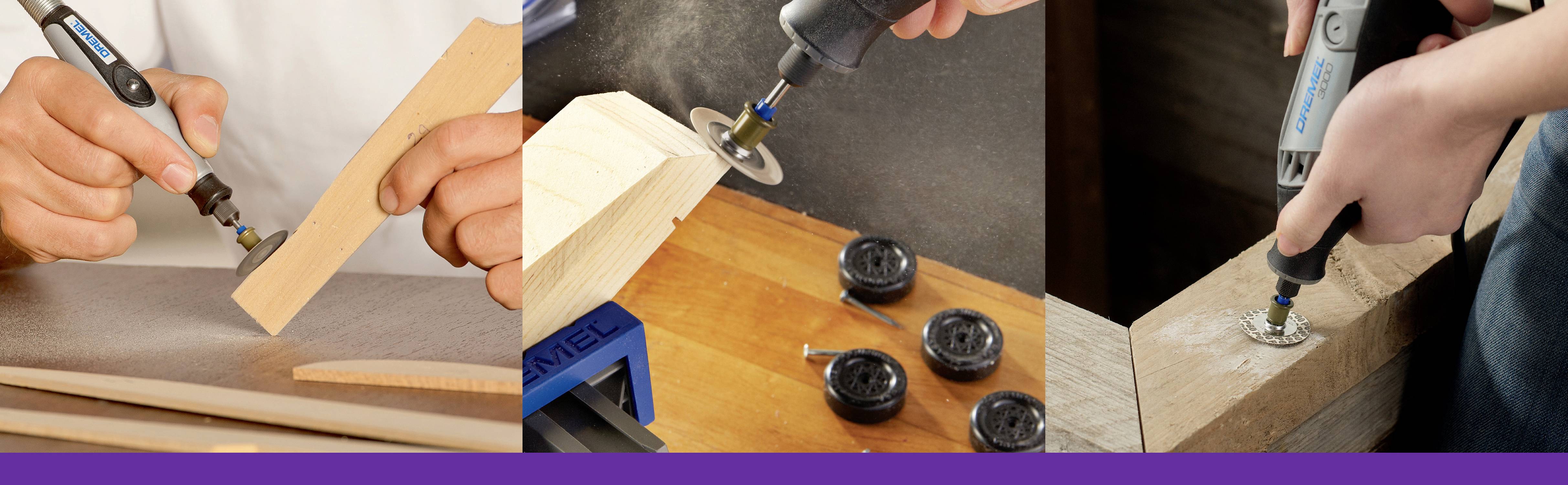 'Trzy obrazy: 1. Frezowanie drewna za pomocą narzędzia obrotowego; 2. Polerowanie drewna; 3. Wiercenie drewna przy użyciu tego samego zestawu narzędzi.'