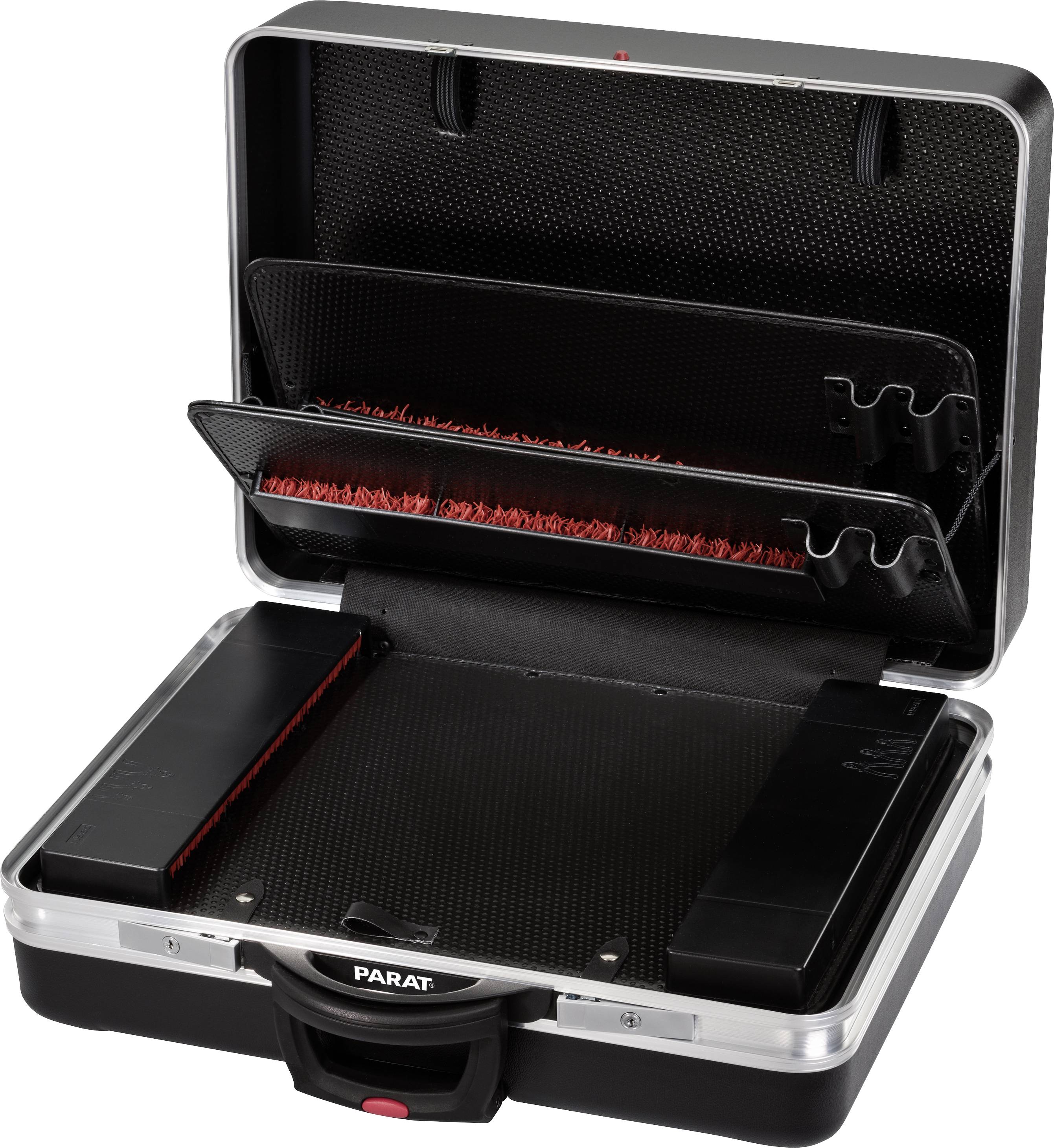 Otwarty czarny kufer narzędziowy z czerwonymi akcentami, wyposażony w przegródki i uchwyty do narzędzi, przeznaczony do organizacji i transportu.