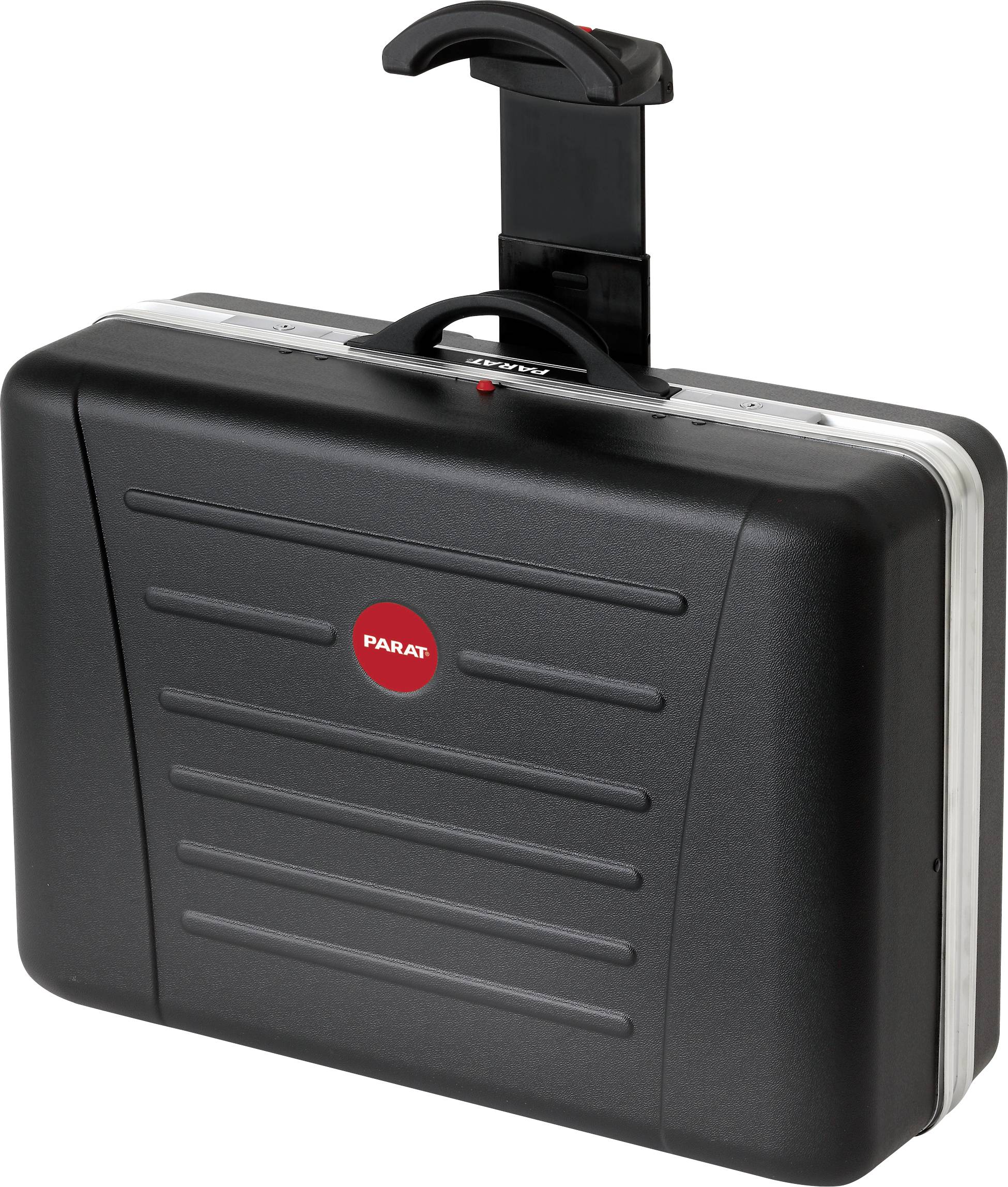 Czarny kufer na narzędzia z czerwonym logo pośrodku i wysuwaną rączką na górze.