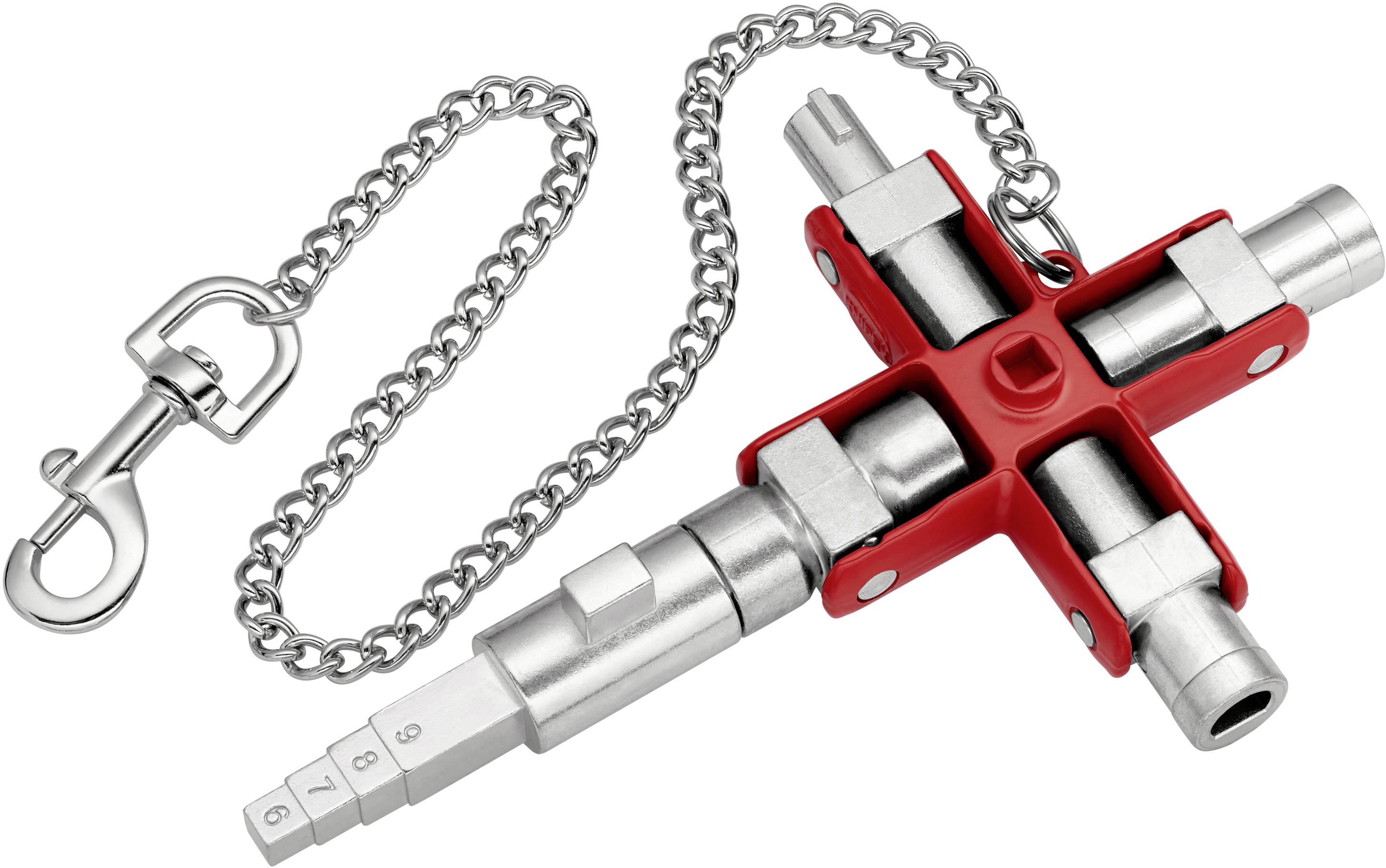 Wielofunkcyjne narzędzie z czterema wkładkami rurowymi oraz łańcuchem z karabińczykiem. Stosowane głównie w technice i serwisie.