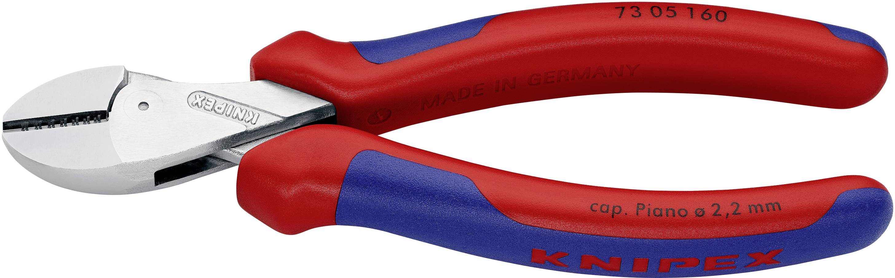 Szczypce boczne Knipex w kolorze czerwonym i niebieskim z ryflowanym uchwytem, z napisem '73 05 160' oraz 'cap. Piano ø 2,2 mm'.
