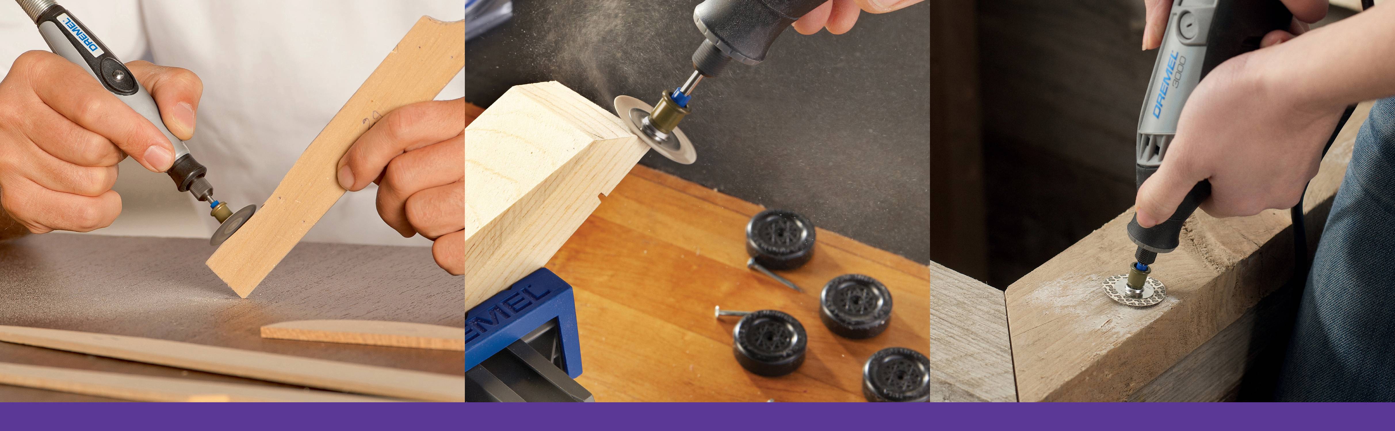 Trzy obrazy przedstawiają różne możliwości zastosowania wielofunkcyjnego narzędzia: cięcie drewna, szlifowanie krawędzi, cięcie metalu.