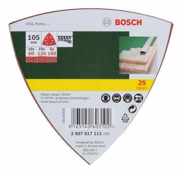 Zestaw papierów ściernych Bosch, trójkątny, ziarnistość 60, 120, 180, 25 sztuk, do wielofunkcyjnej szlifierki. Zawiera informacje producenta.