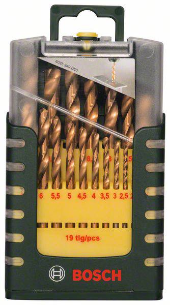 Zestaw wierteł w przezroczystym pudełku z zielonym uchwytem, składający się z 19 elementów o rozmiarach od 1 do 10 mm. Z przodu widoczne logo marki 'Bosch'.