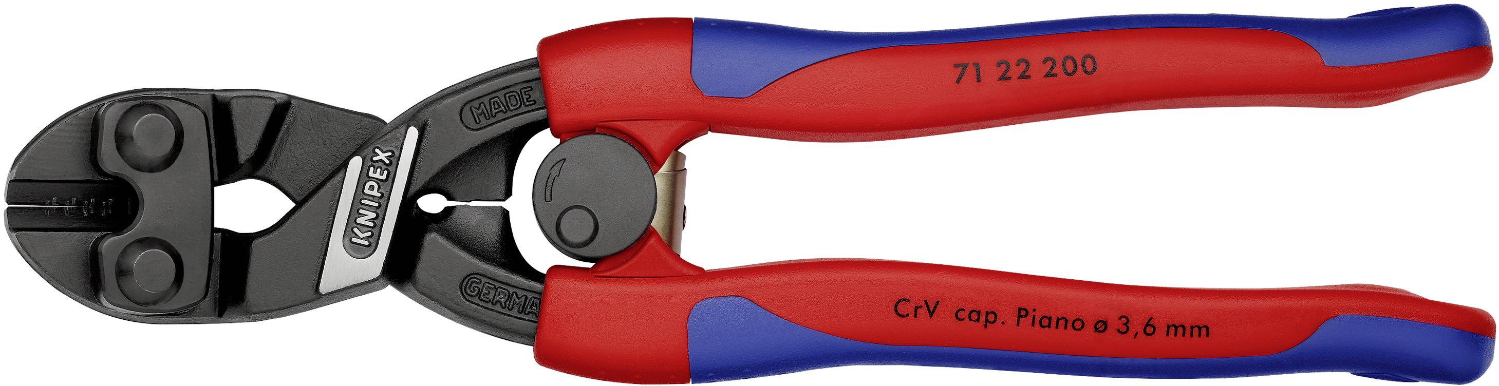 Małe szczypce do cięcia śrub w kolorze czerwonym i niebieskim z czernionymi metalowymi szczękami, przeznaczone do cięcia drutu o średnicy do 3,6 mm.