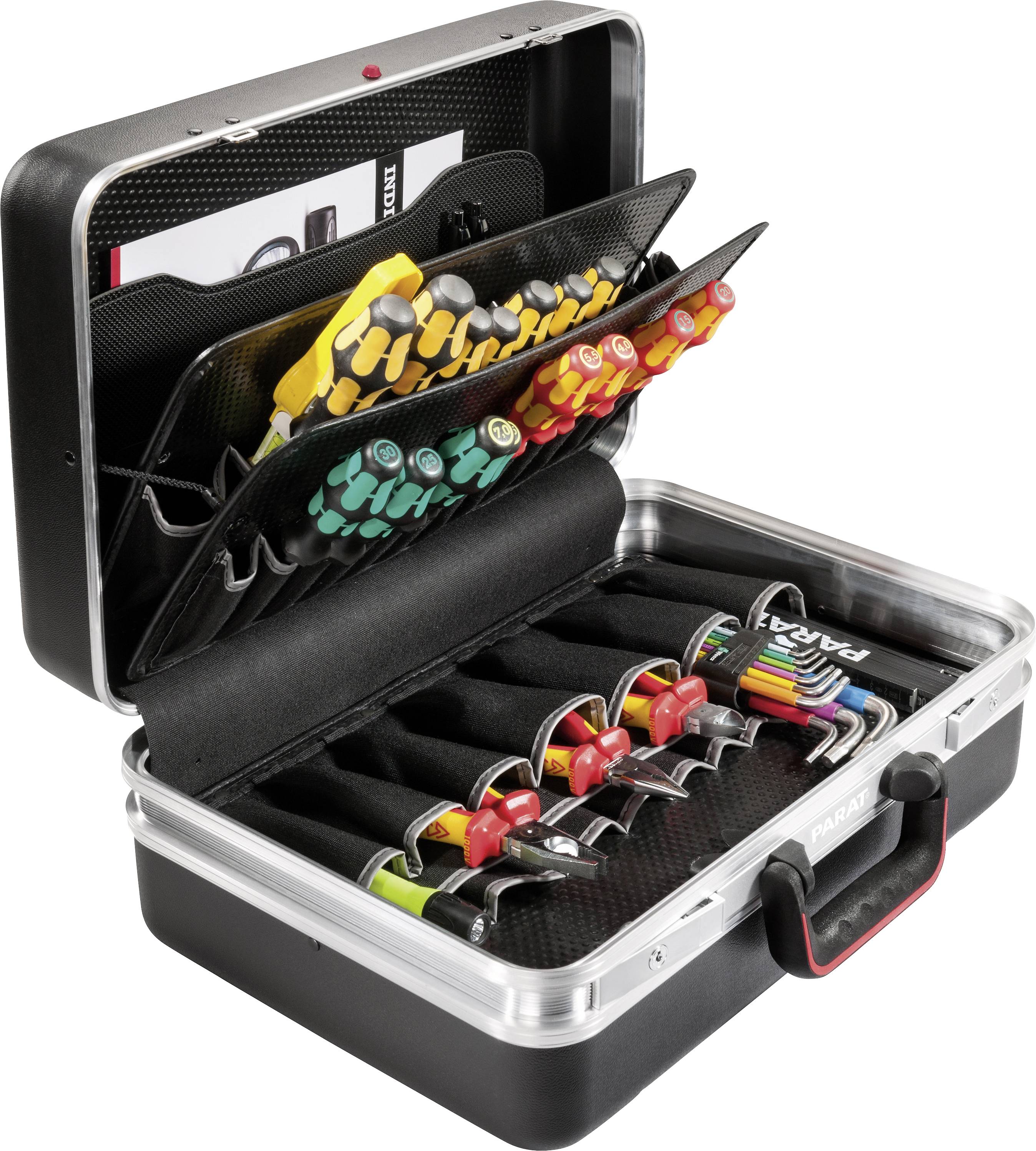 Otwarty kufer transportowy z prefabrykowanymi wkładkami piankowanymi, które przytrzymują różnokolorowe narzędzia i wyposażenie.