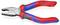 Szczypce ze ściereczką w czerwonym i niebieskim uchwycie, typ Knipex 03 02 160, leżą na białej powierzchni, ukazując szczegóły ząbkowanej powierzchni chwytnej.