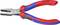 Szczypce kombinowane Knipex w kolorach czerwonym i niebieskim, rozpoznawalne po napisie. Wyposażone są w izolowane uchwyty oraz ząbkowane szczęki zapewniające pewny chwyt.
