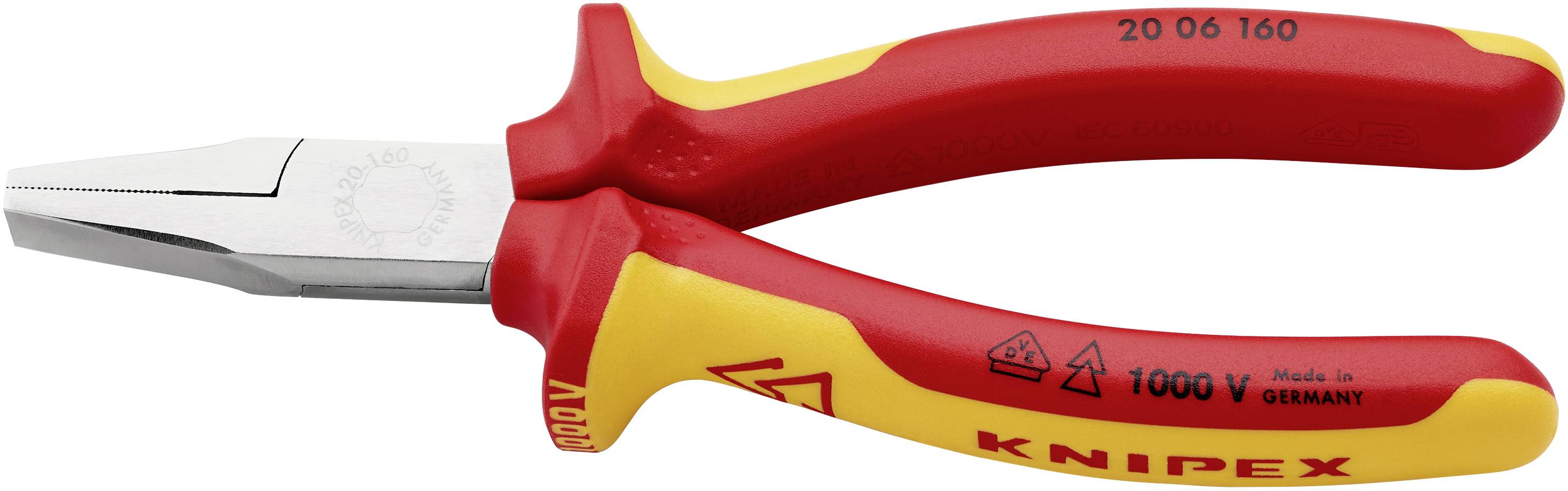 Плоскогубці з прямими плоскими губками VDE, хром-ванадієва електротехнічна сталь, 160 мм, Knipex 20 06 160