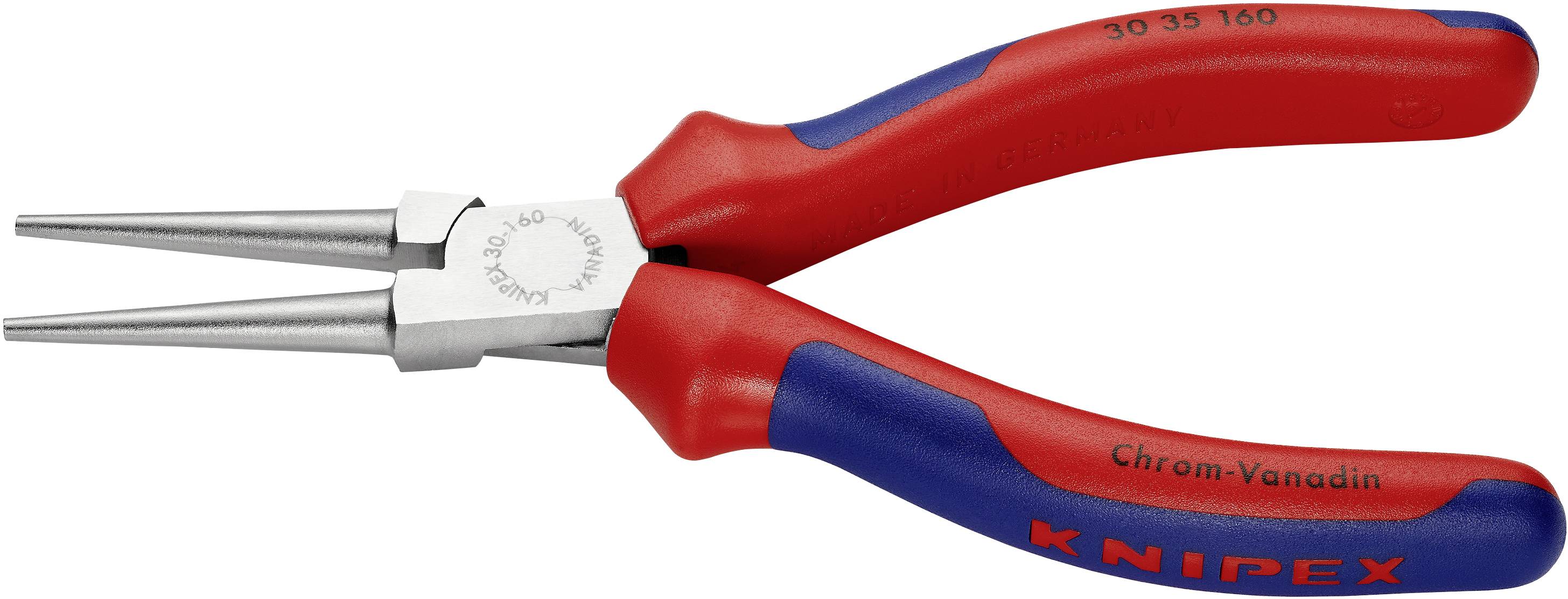 Czerwone i niebieskie szczypce okrągłe firmy Knipex, odpowiednie do precyzyjnych prac i zginania drutu, z oznaczeniem Chrome-Vanadium na uchwycie.