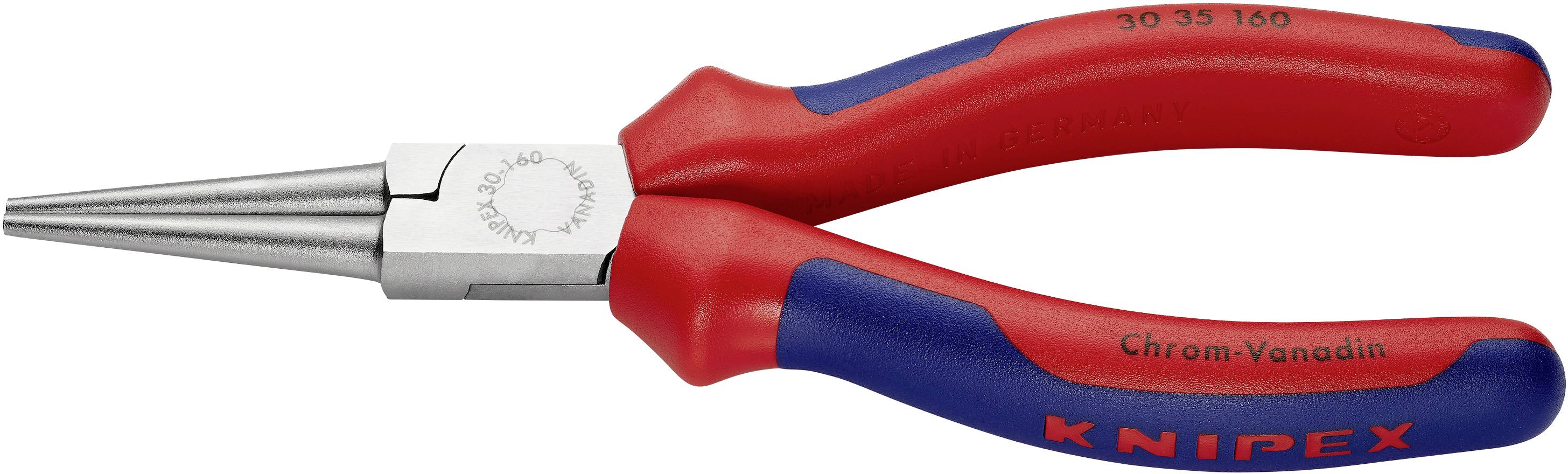 Na ilustracji przedstawiona jest czerwona obcęgi okrągłe marki Knipex z niebieskimi uchwytami. Służą one do gięcia drutu i metalu.