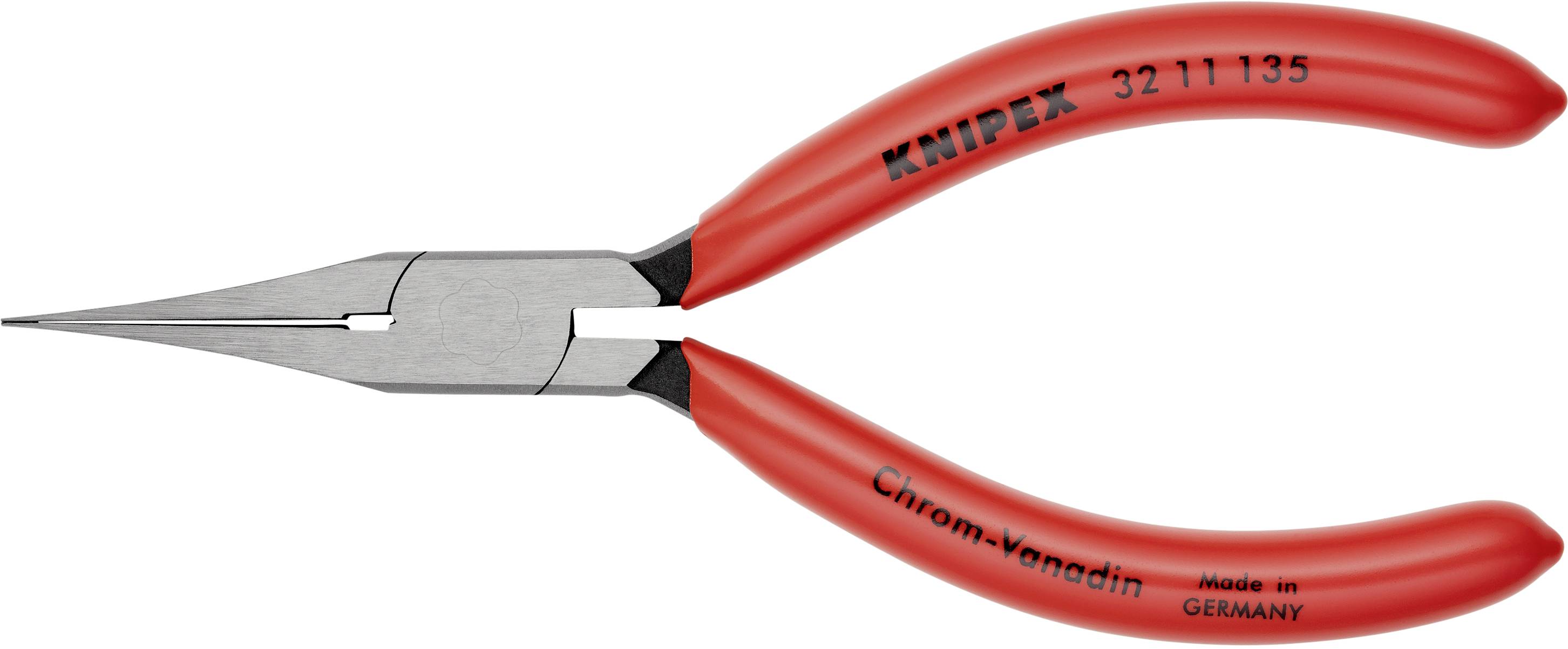 Czerwone szczypce czołowe z napisem 'Knipex' i 'Chrom-Wanad', wykonane w Niemczech.