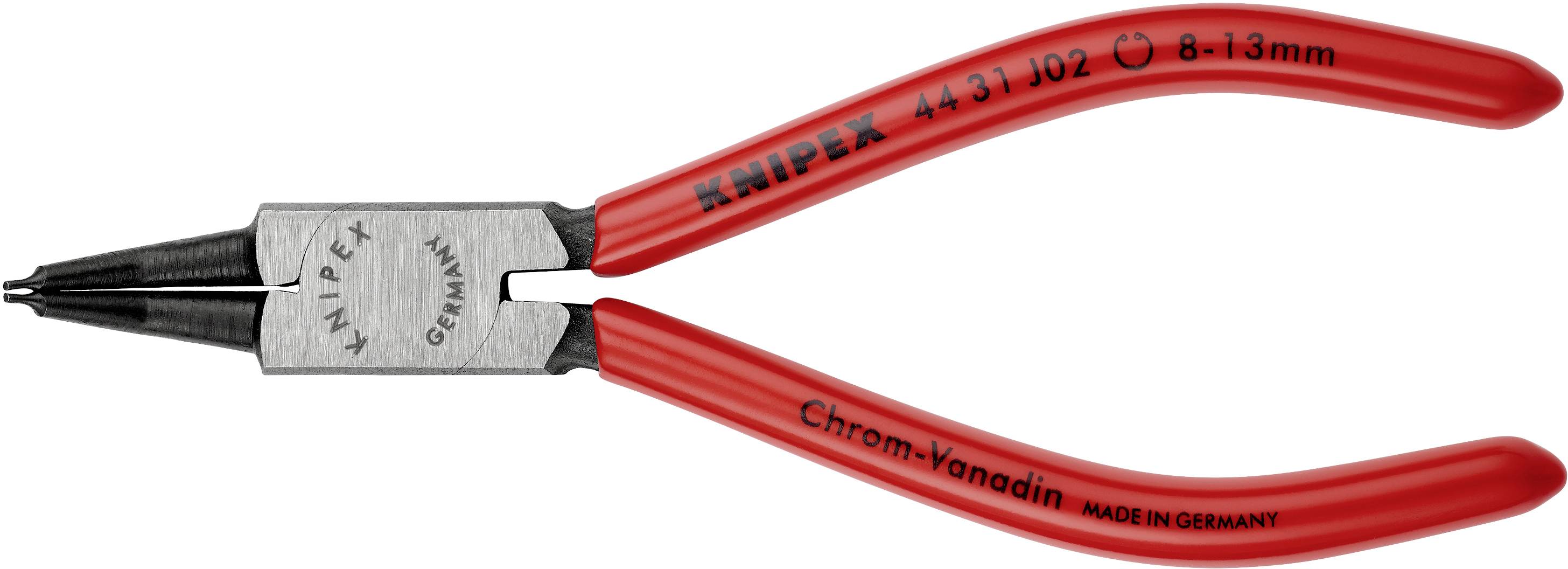 Szczypce do pierścieni rozprężnych w kolorze czerwonym z wąskimi powierzchniami chwytającymi, odpowiednie do montażu i demontażu pierścieni rozprężnych, wykonane ze stali chromowo-wanadowej.