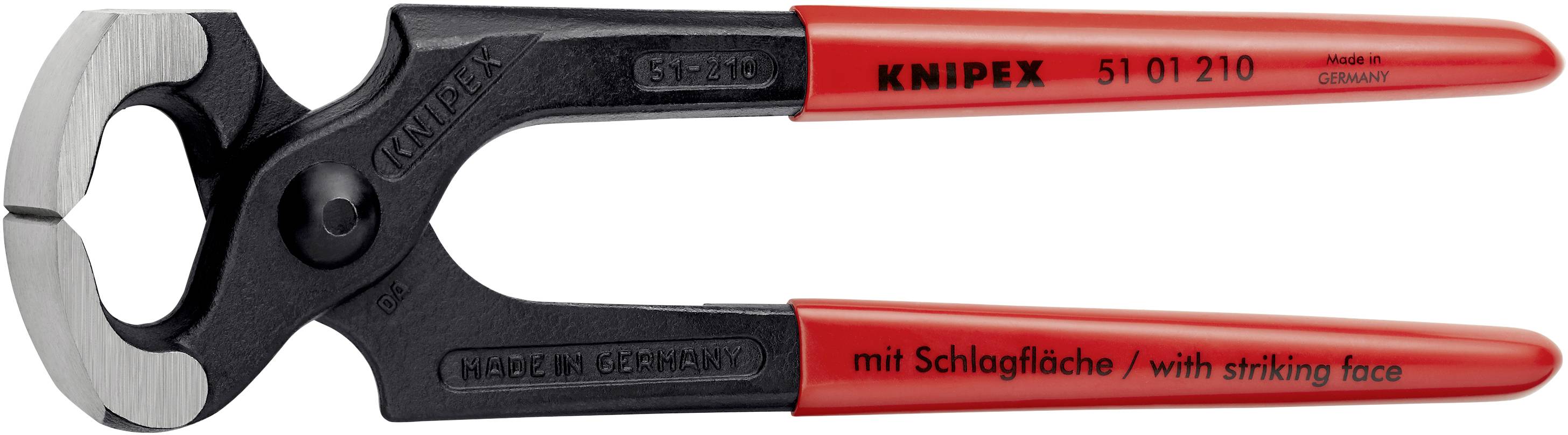 Szczypce do pobijania Knipex, czarno-czerwone, z płaszczyzną uderzeniową, stalowe, do prac budowlanych.