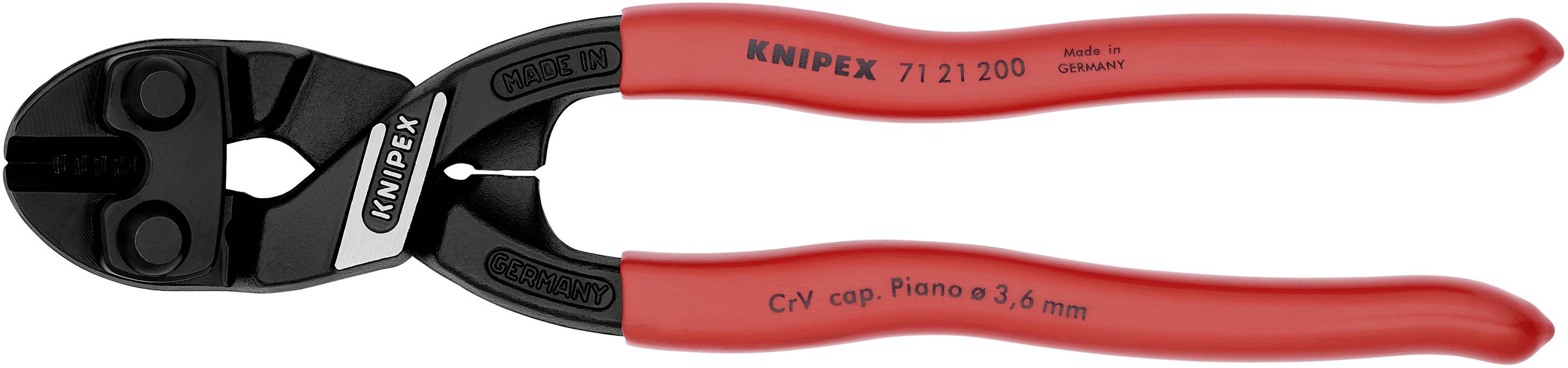 Obcinacz do śrub z uchwytem czerwono-czarnym, marki Knipex, numer modelu 71 21 200, odpowiedni do drutu fortepianowego o grubości do 3,6 mm.