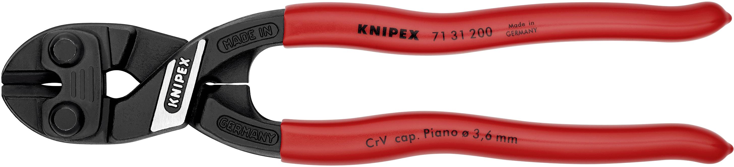 Obcinacz śrub z czerwonymi uchwytami, z czarną matową głowicą tnącą. Nadruki: 'KNIPEX' i numer modelu '71 31 200'. Odpowiedni dla śrub o średnicy 6 mm.