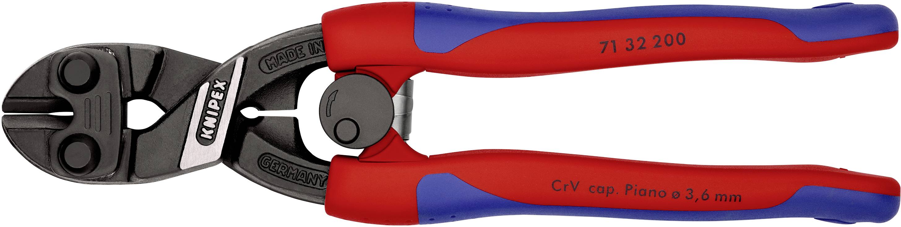 Szczypce z czerwonymi i niebieskimi uchwytami, oznaczone napisem 'KNIPEX'. Mechanizm tnący z przodu, odpowiedni do cięcia przewodów lub kabli.
